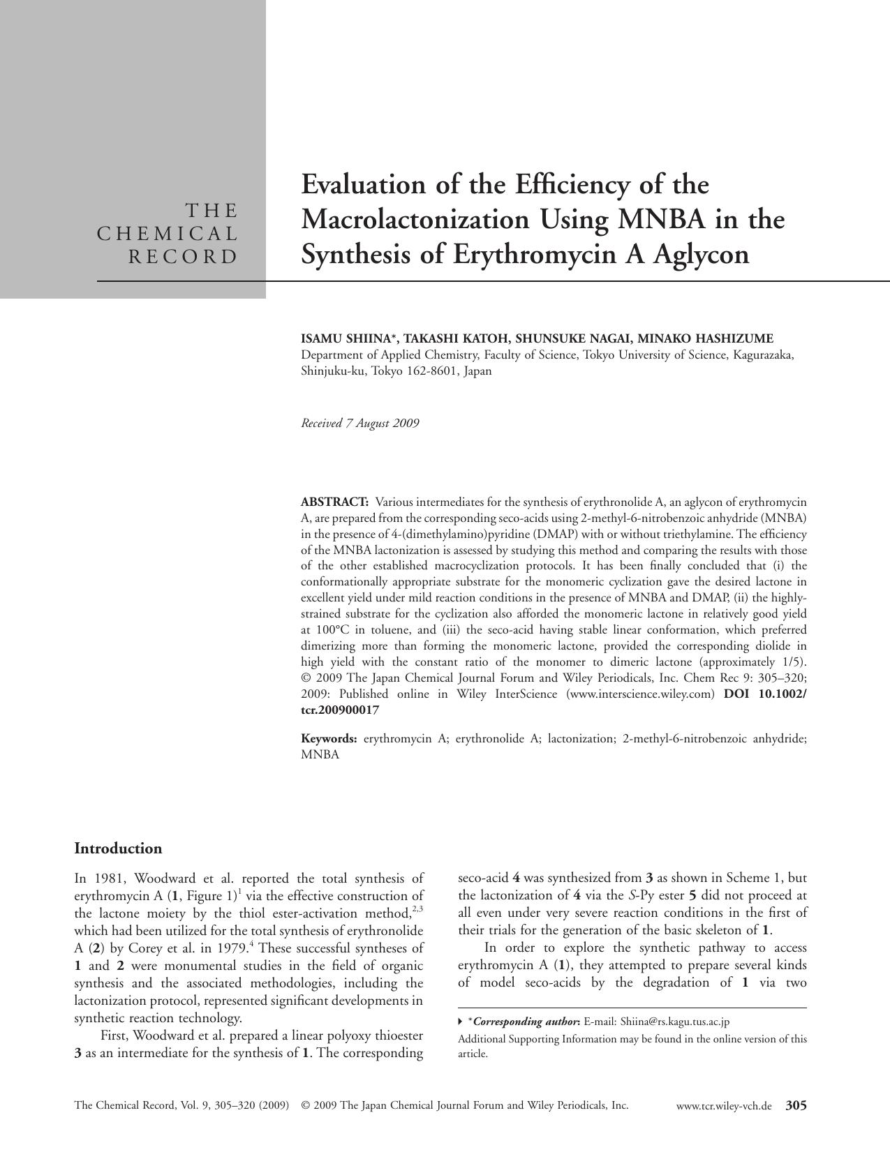 Evaluation of the Efficiency of the Macrolactonization Using MNBA in the Synthesis of Erythromycin A Aglycon by production