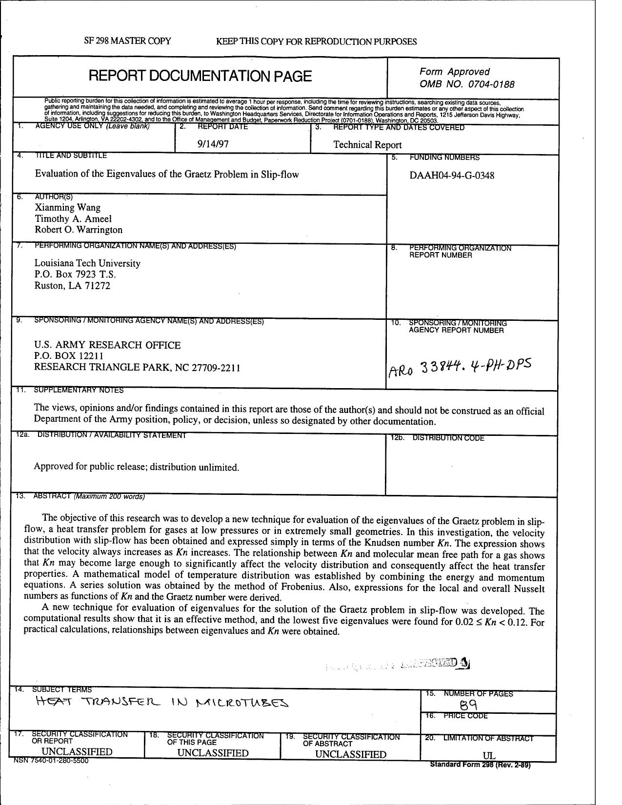 Evaluation of the Eigenvalues of the Graetz Problem in Slip-Flow by Wang X. Ameel T.A. Warrington R.O