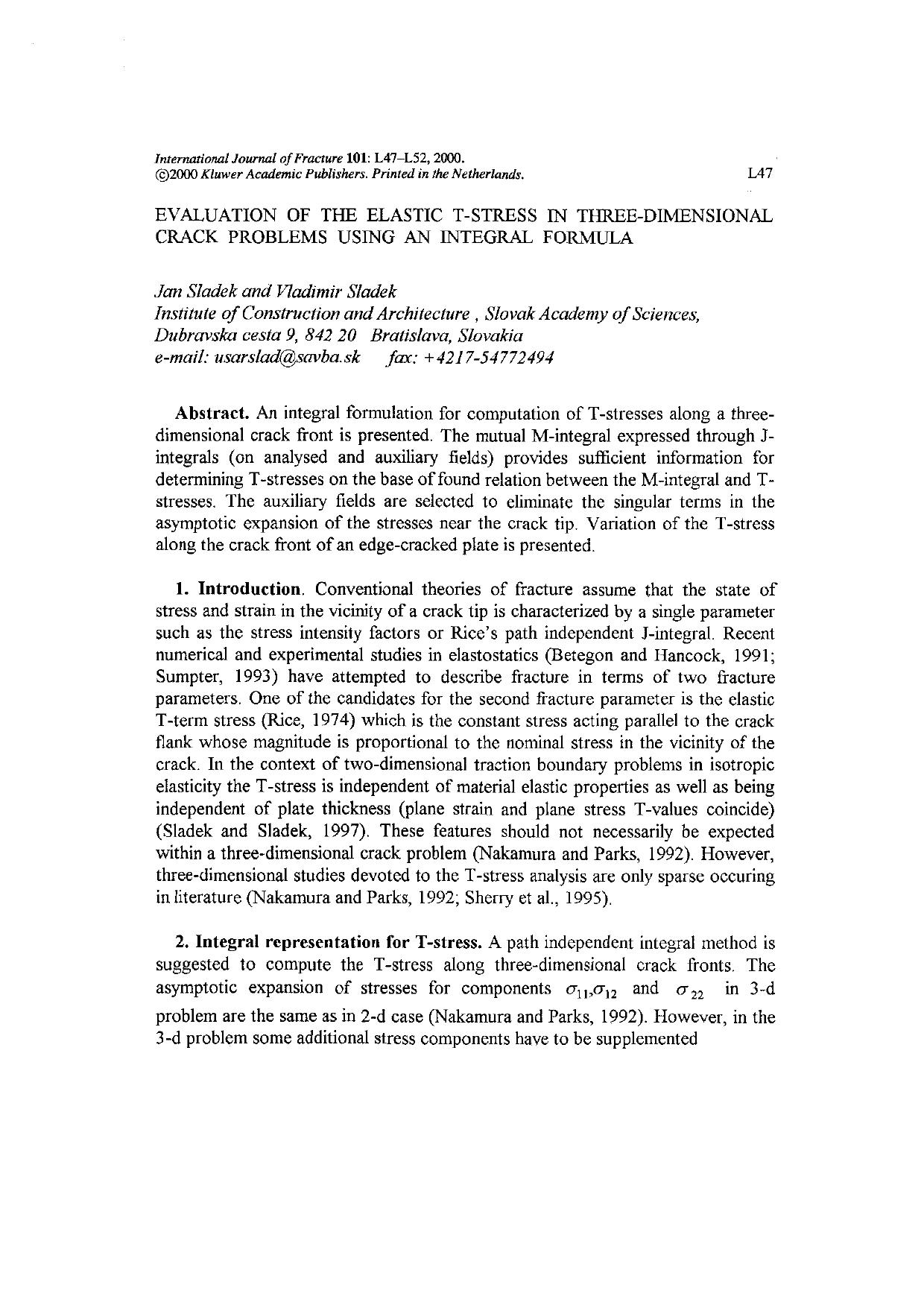 Evaluation of the Elastic T-stress in Three-dimensional Crack Problems Using an Integral Formula by Unknown