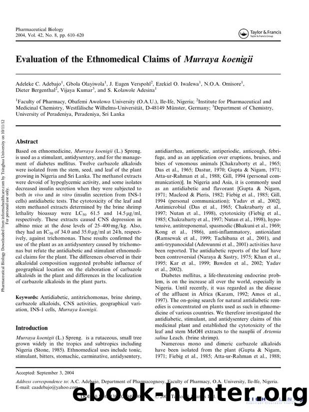 Evaluation of the Ethnomedical Claims of Murraya koenigii. by unknow