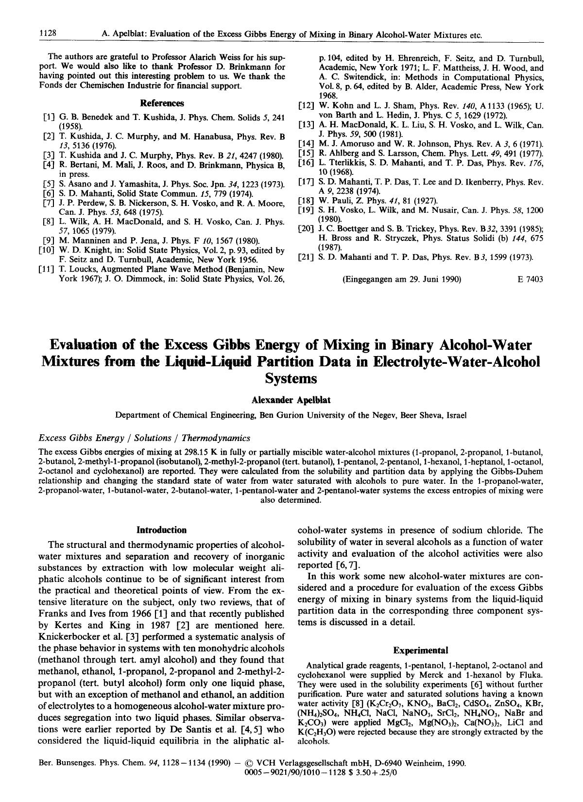 Evaluation of the Excess Gibbs Energy of Mixing in Binary Alcohol-Water Mixtures from the Liquid-Liquid Partition Data in Electrolyte-Water-Alcohol Systems by Unknown