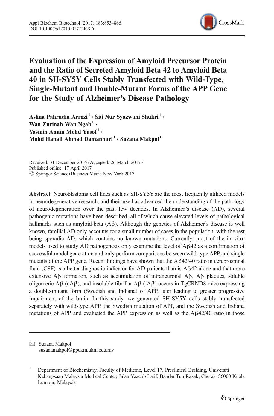 Evaluation of the Expression of Amyloid Precursor Protein and the Ratio of Secreted Amyloid Beta 42 to Amyloid Beta 40 in SH-SY5Y Cells Stably Transfected with Wild-Type, Single-Mu by unknow