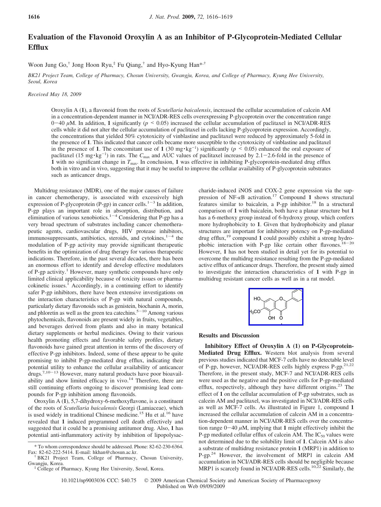 Evaluation of the Flavonoid Oroxylin A as an Inhibitor of P-Glycoprotein-Mediated Cellular Efflux by Unknown