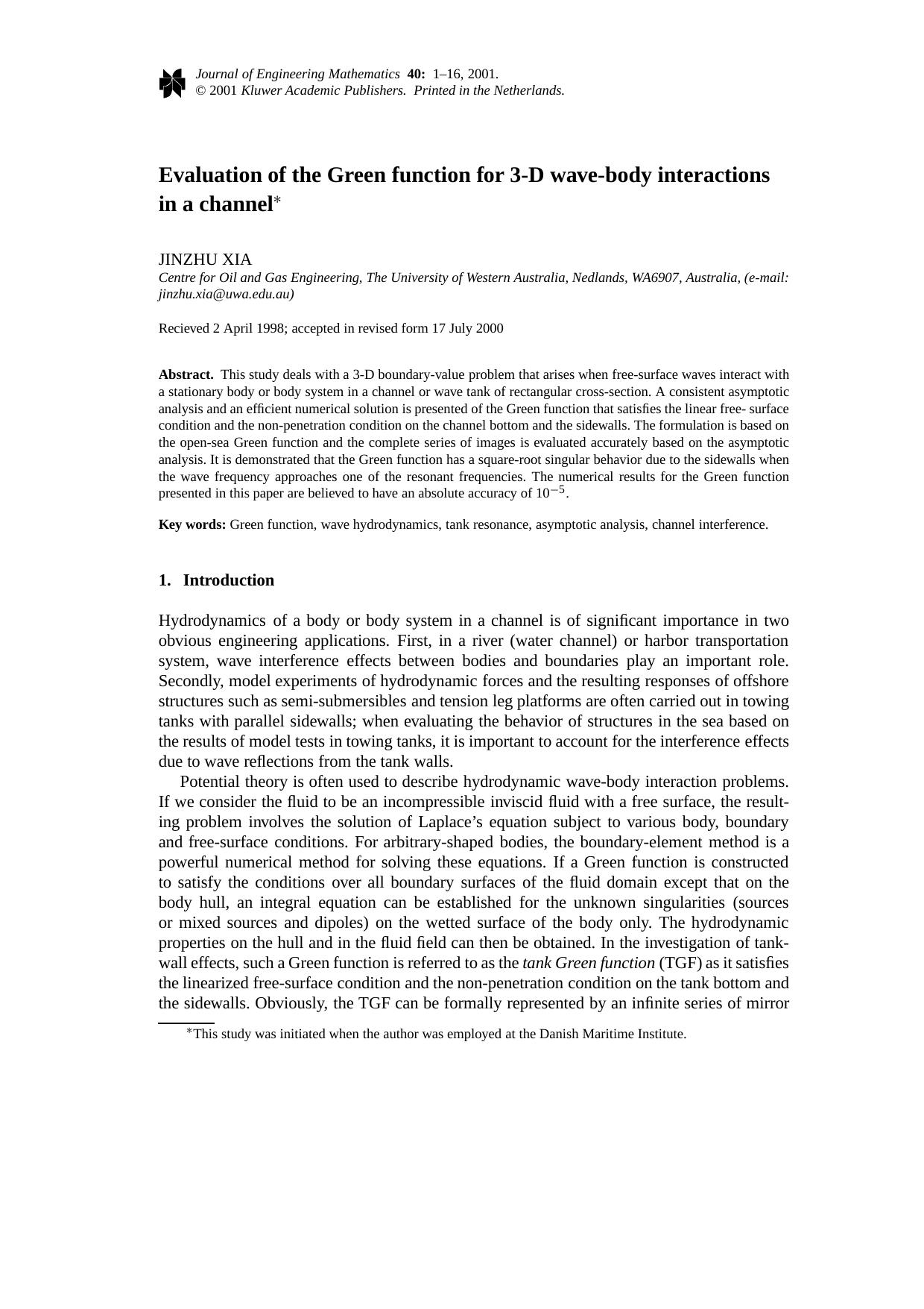 Evaluation of the Green function for 3-D wave-body interactions in a channel by Unknown