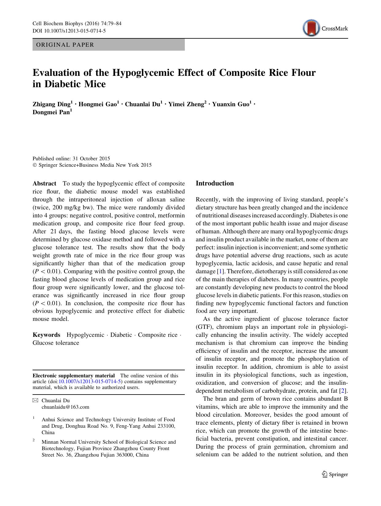 Evaluation of the Hypoglycemic Effect of Composite Rice Flour in Diabetic Mice by Zhigang Ding & Hongmei Gao & Chuanlai Du & Yimei Zheng & Yuanxin Guo & Dongmei Pan