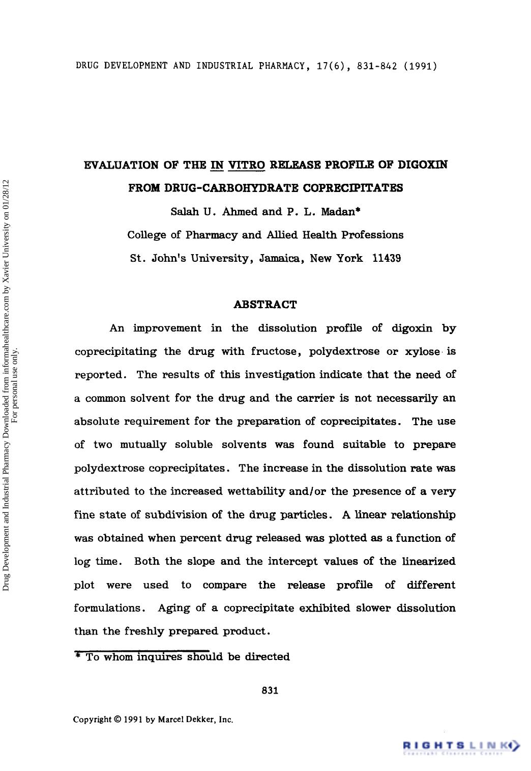 Evaluation of the In Vitro Release Profile of Digoxin from Drug-Carbohydrate Coprecipitates by Salah U. Ahmed & P. L. Madan