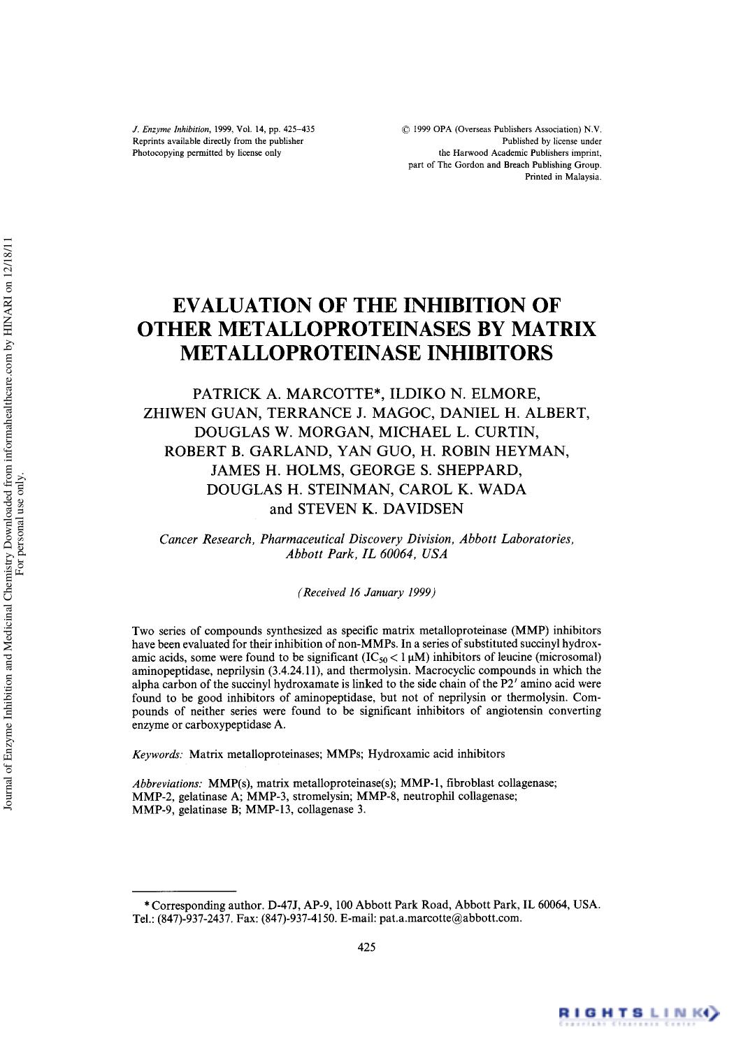 Evaluation of the Inhibition of other Metalloproteinases by Matrix Metalloproteinase Inhibitors by unknow