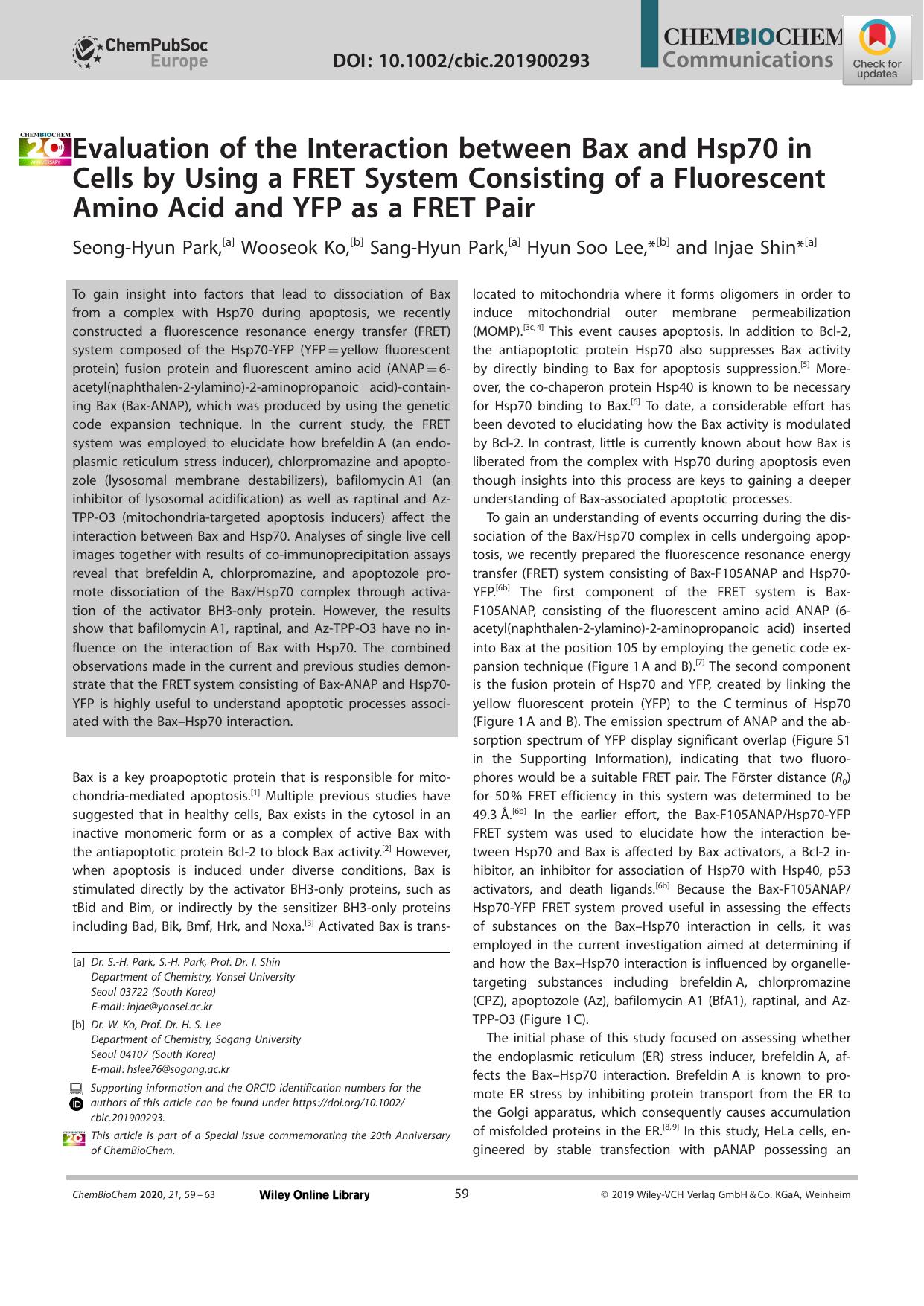 Evaluation of the Interaction between Bax and Hsp70 in Cells by Using a FRET System Consisting of a Fluorescent Amino Acid and YFP as a FRET Pair by Unknown