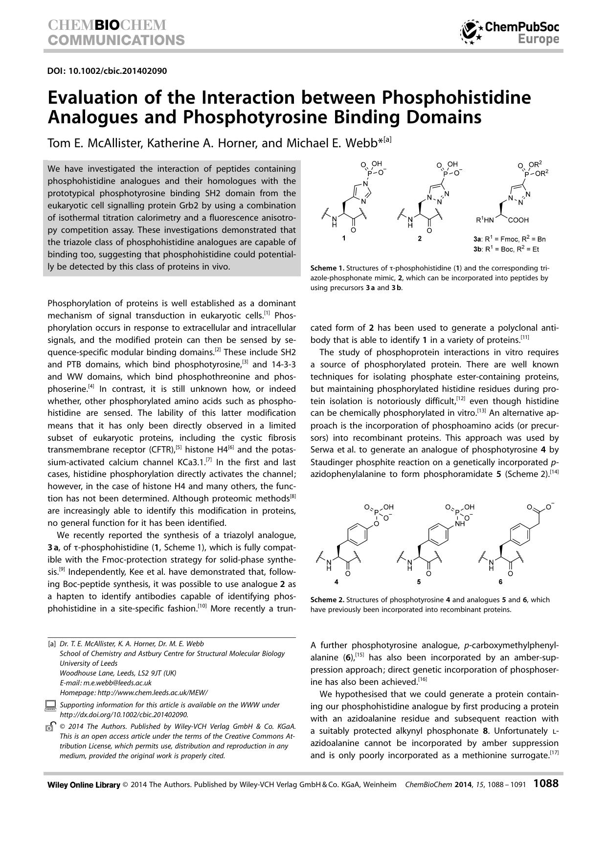 Evaluation of the Interaction between Phosphohistidine Analogues and Phosphotyrosine Binding Domains by Unknown