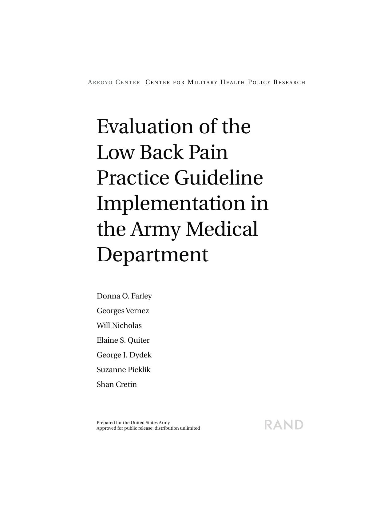Evaluation of the Low Back Pain Practice Guideline Implementation in the Army Medical Department by unknow
