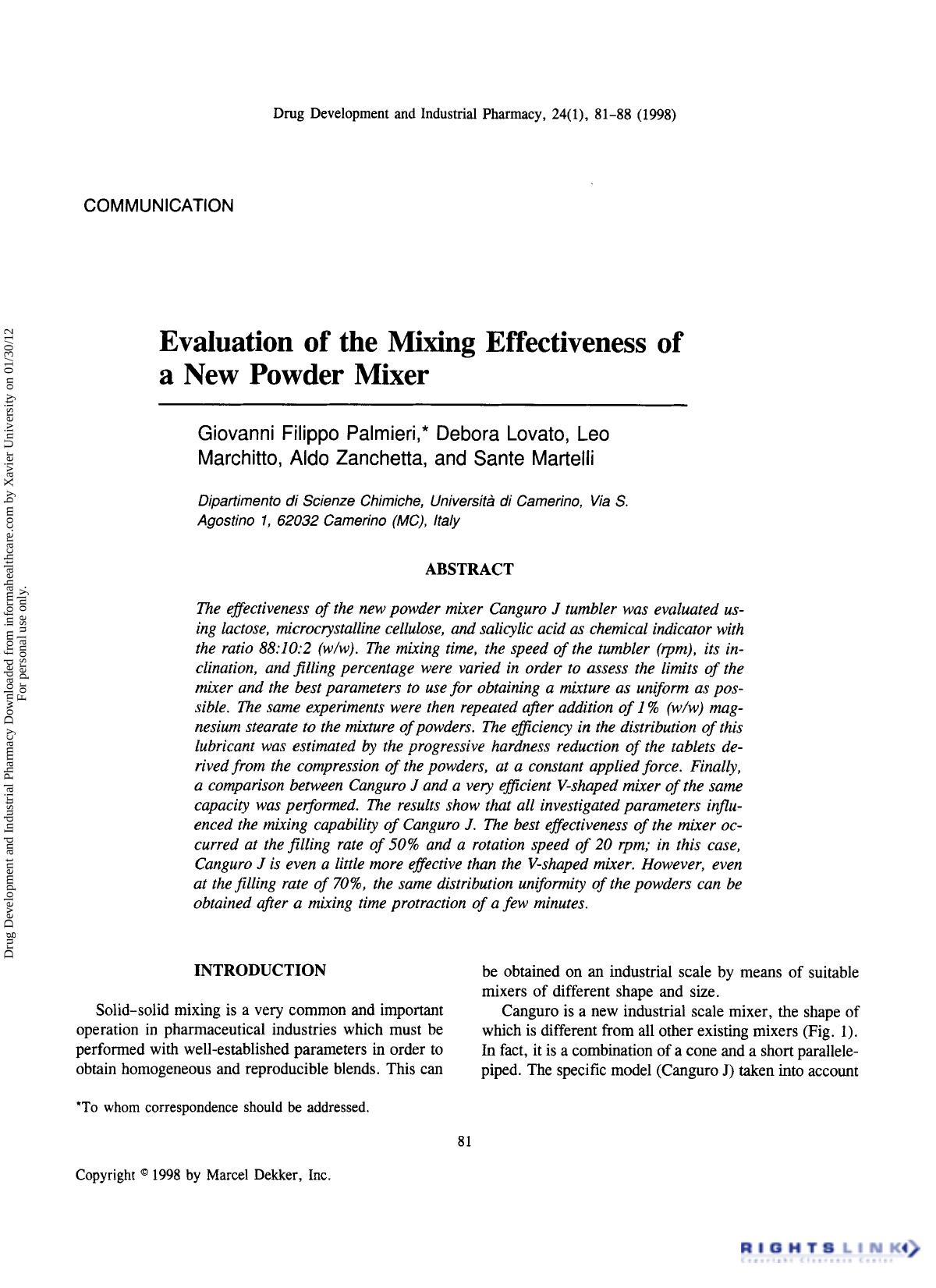 Evaluation of the Mixing Effectiveness of a New Powder Mixer by Giovanni Filippo Palmieri Debora Lovato Leo Marchitto Aldo Zanchetta & Sante Martelli