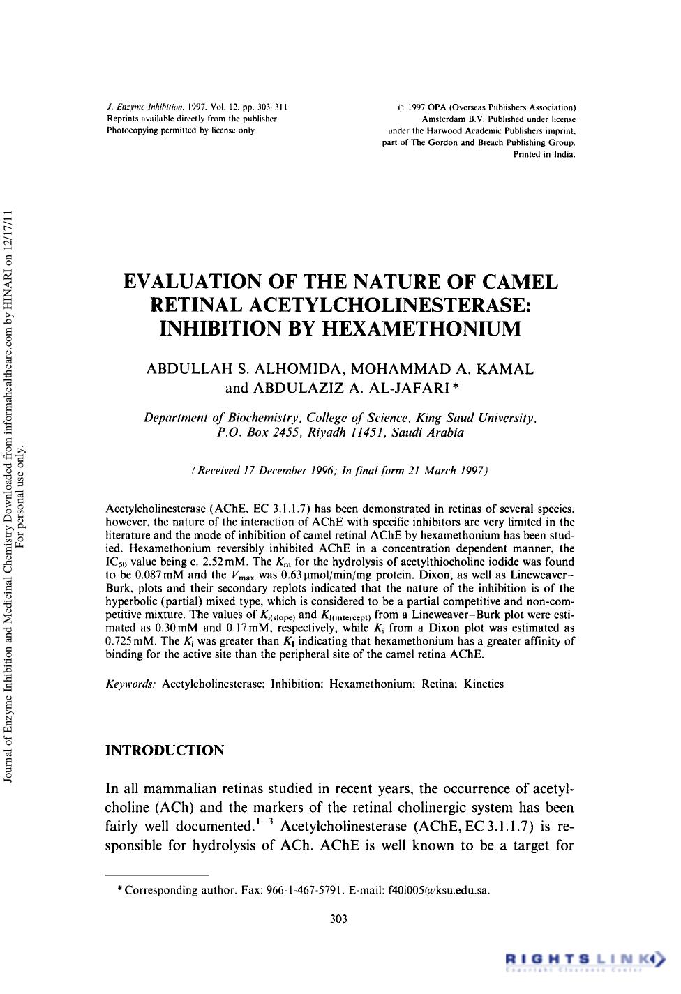 Evaluation of the Nature of Camel Retinal Acetylcholinesterase: Inhibition by Hexamethonium by Abdullah S. Alhomida Mohammad A. Kamal & Abdulaziz A. Al-Jafari