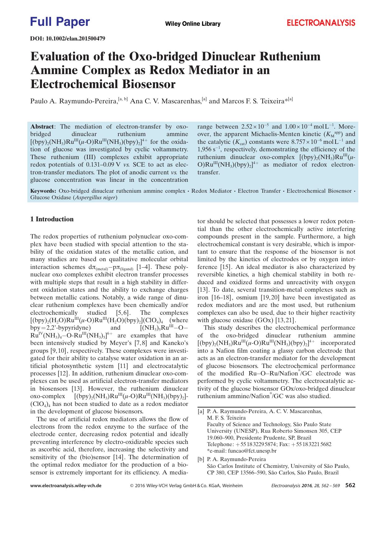 Evaluation of the Oxobridged Dinuclear Ruthenium Ammine Complex as Redox Mediator in an Electrochemical Biosensor by Unknown