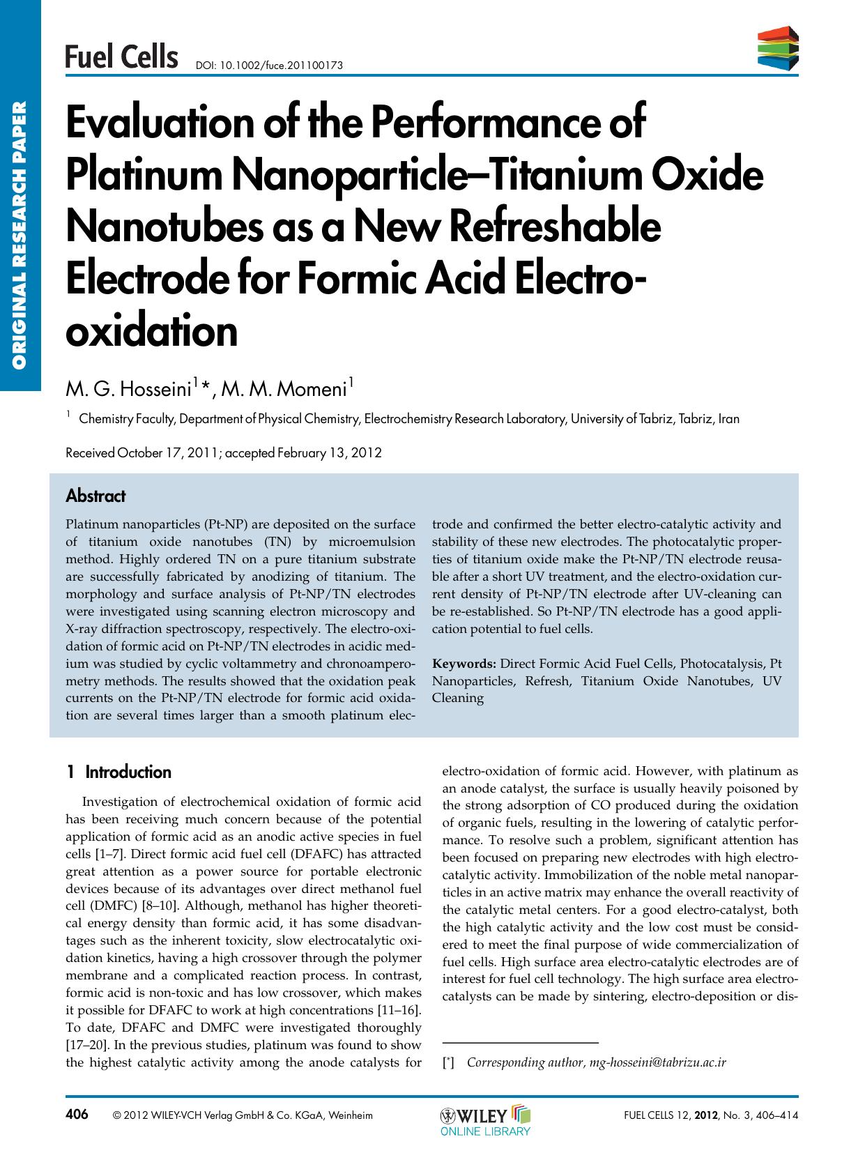 Evaluation of the Performance of Platinum NanoparticleTitanium Oxide Nanotubes as a New Refreshable Electrode for Formic Acid Electrooxidation by Unknown