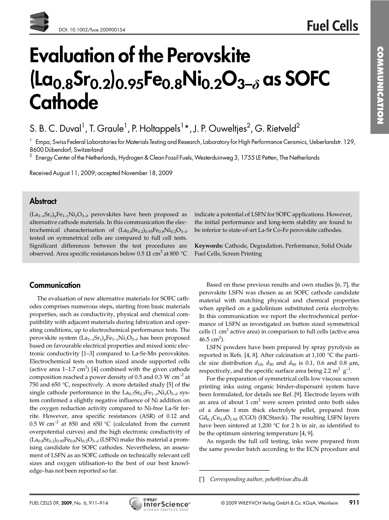 Evaluation of the Perovskite (La0.8Sr0.2)0.95Fe0.8Ni0.2O3-[dgr] as SOFC Cathode by Unknown