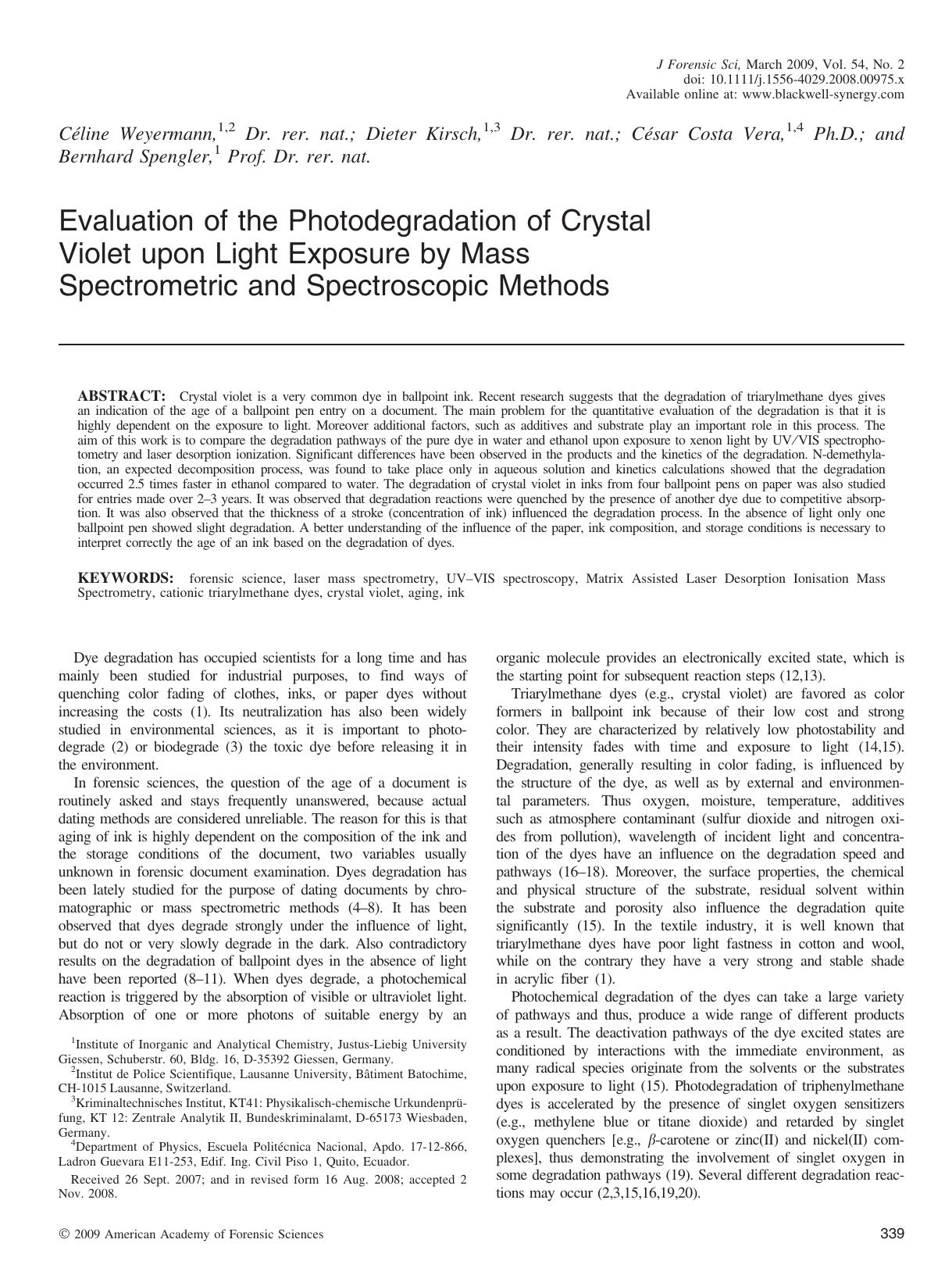 Evaluation of the Photodegradation of Crystal Violet upon Light Exposure by Mass Spectrometric and Spectroscopic Methods by Unknown