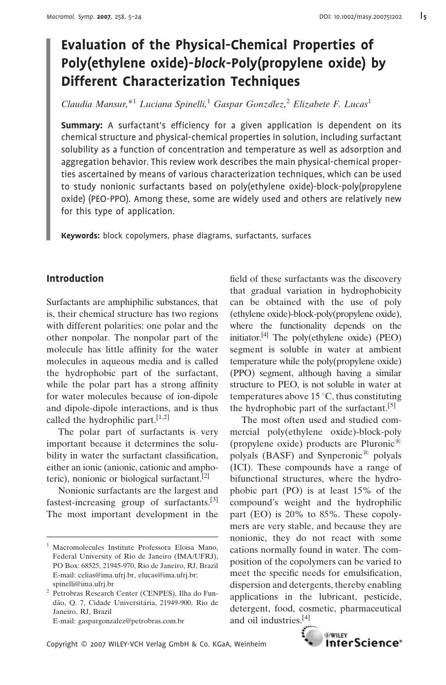 Evaluation of the Physical-Chemical Properties of Poly(ethylene oxide)-block-Poly(propylene oxide) by Different Characterization Techniques by Unknown