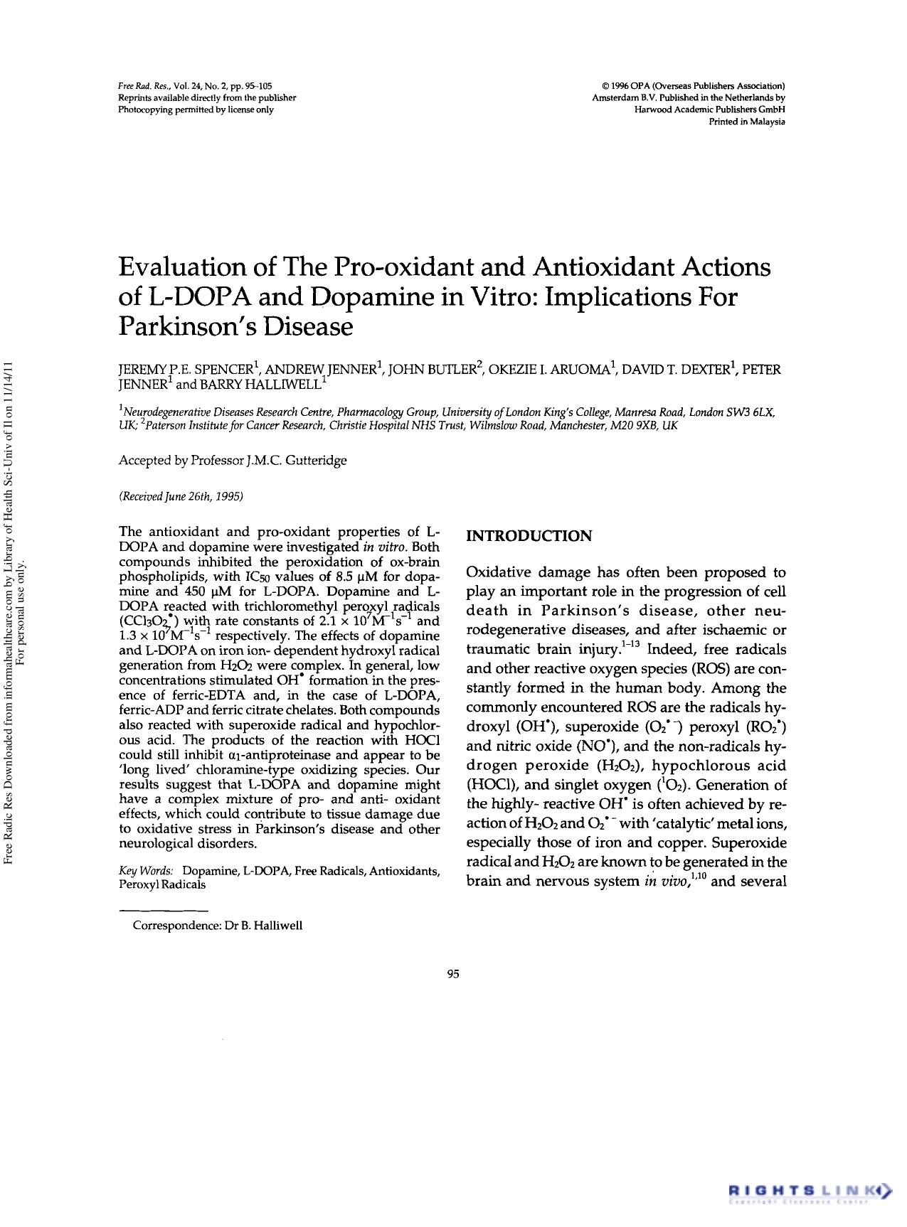 Evaluation of the Pro-Oxidant and Antioxidant Actions of L-DOPA and Dopamine in Vitro: Implications for Parkinson's Disease by unknow