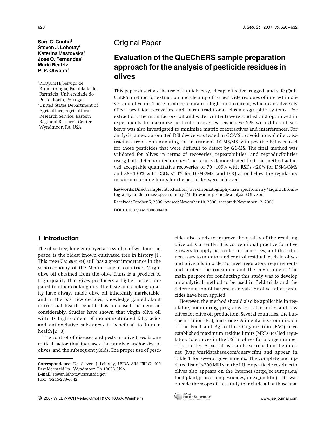 Evaluation of the QuEChERS sample preparation approach for the analysis of pesticide residues in olives by Unknown
