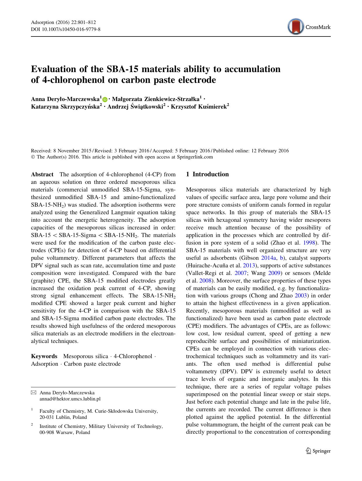 Evaluation of the SBA-15 materials ability to accumulation of 4-chlorophenol on carbon paste electrode by unknow
