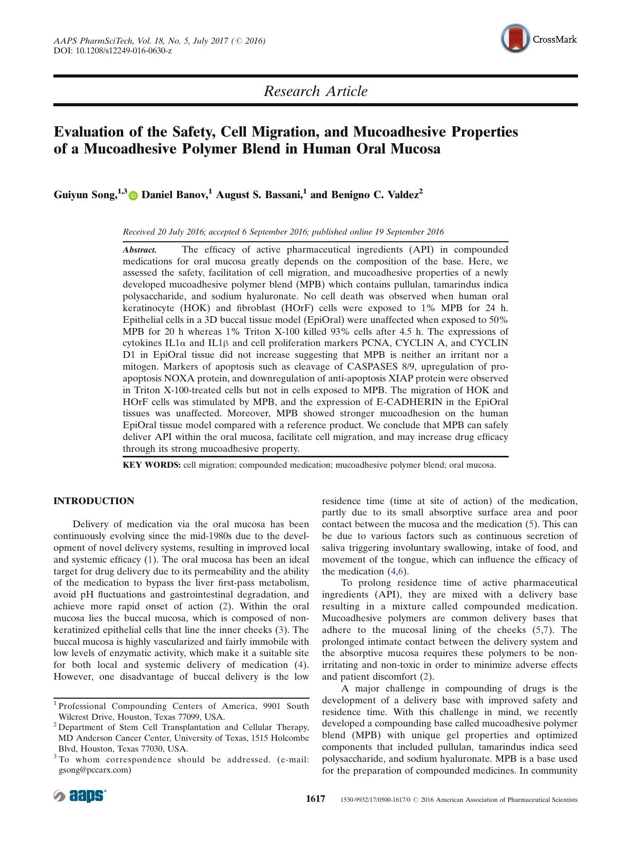 Evaluation of the Safety, Cell Migration, and Mucoadhesive Properties of a Mucoadhesive Polymer Blend in Human Oral Mucosa by Guiyun Song & Daniel Banov & August S. Bassani & Benigno C. Valdez