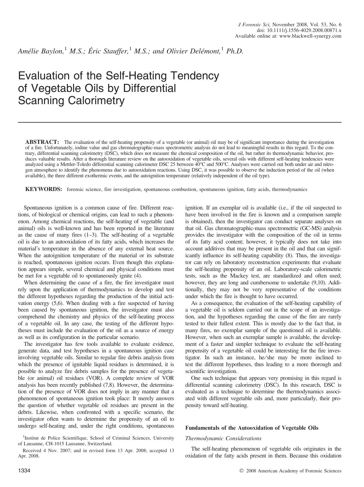 Evaluation of the Self-Heating Tendency of Vegetable Oils by Differential Scanning Calorimetry by Unknown