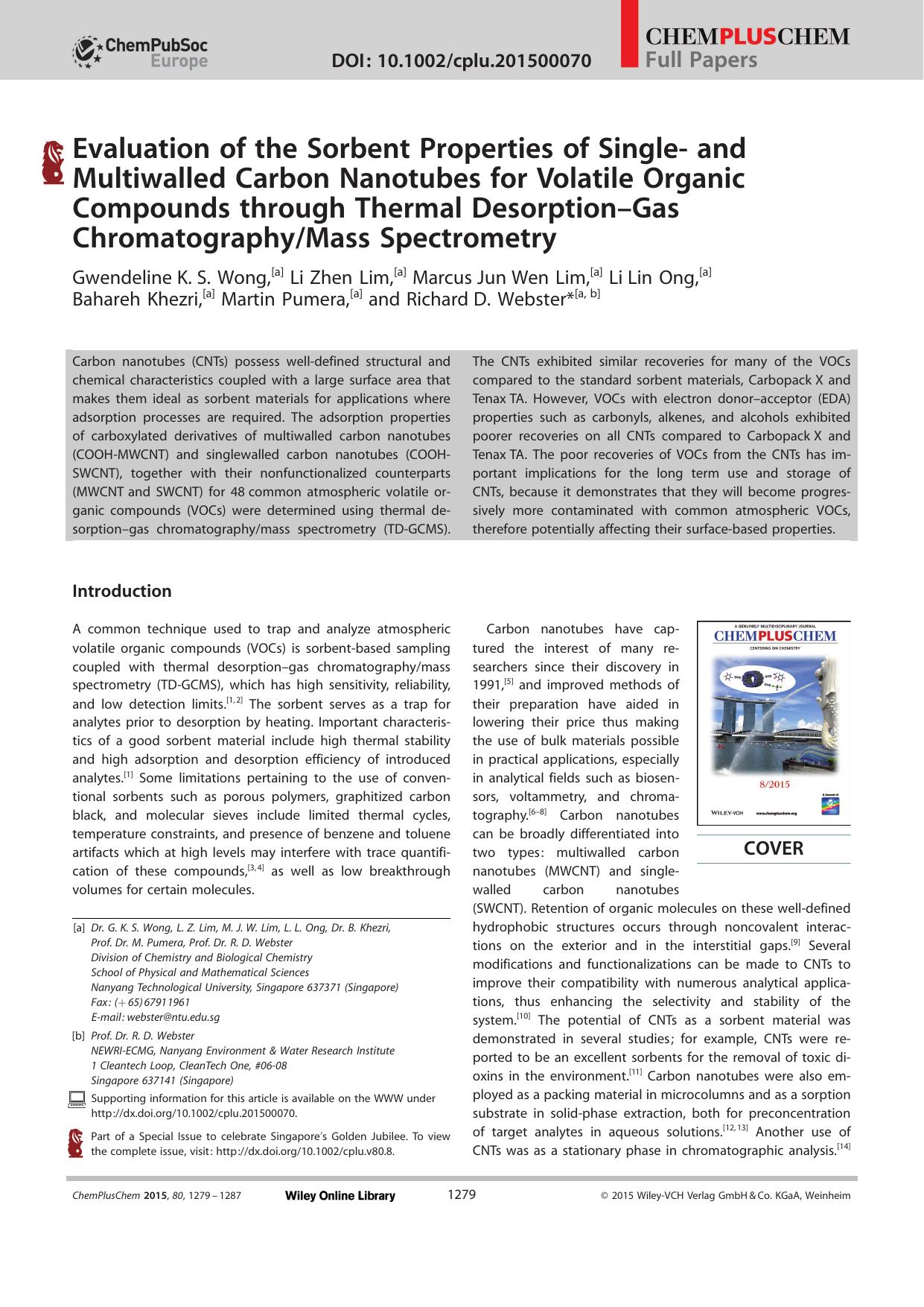 Evaluation of the Sorbent Properties of Single and Multiwalled Carbon Nanotubes for Volatile Organic Compounds through Thermal DesorptionGas ChromatographyMass Spectrometry by Unknown