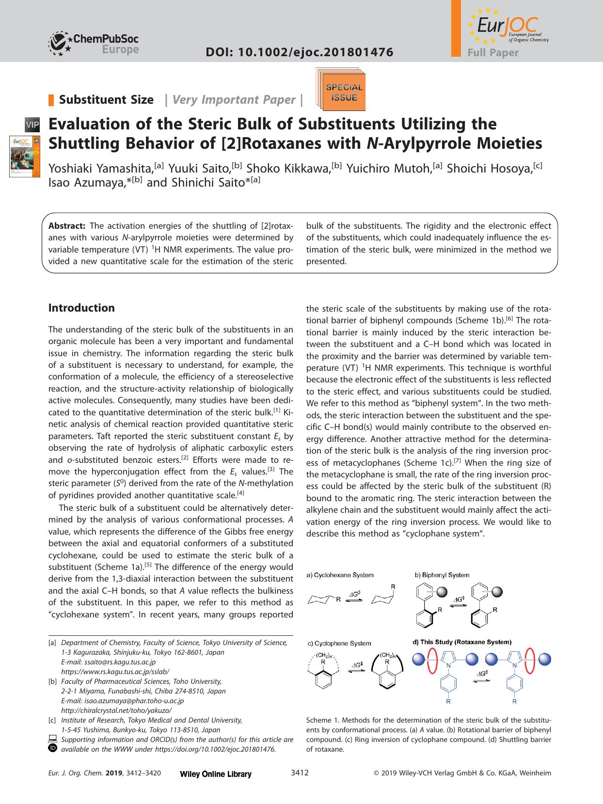 Evaluation of the Steric Bulk of Substituents Utilizing the Shuttling Behavior of [2]Rotaxanes with <i>N<i>‐Arylpyrrole Moieties by Unknown