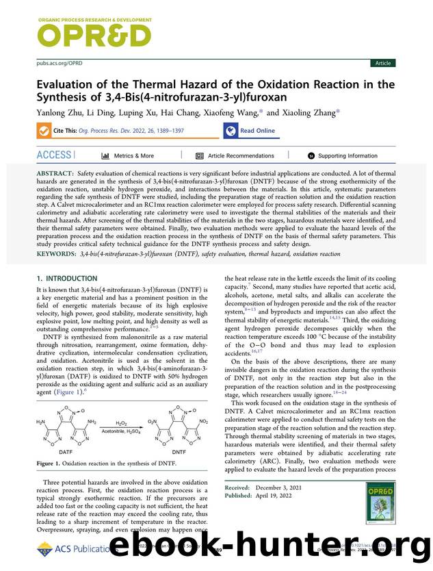 Evaluation of the Thermal Hazard of the Oxidation Reaction in the Synthesis of 3,4-Bis(4-nitrofurazan-3-yl)furoxan by Yanlong Zhu Li Ding Luping Xu Hai Chang Xiaofeng Wang and Xiaoling Zhang