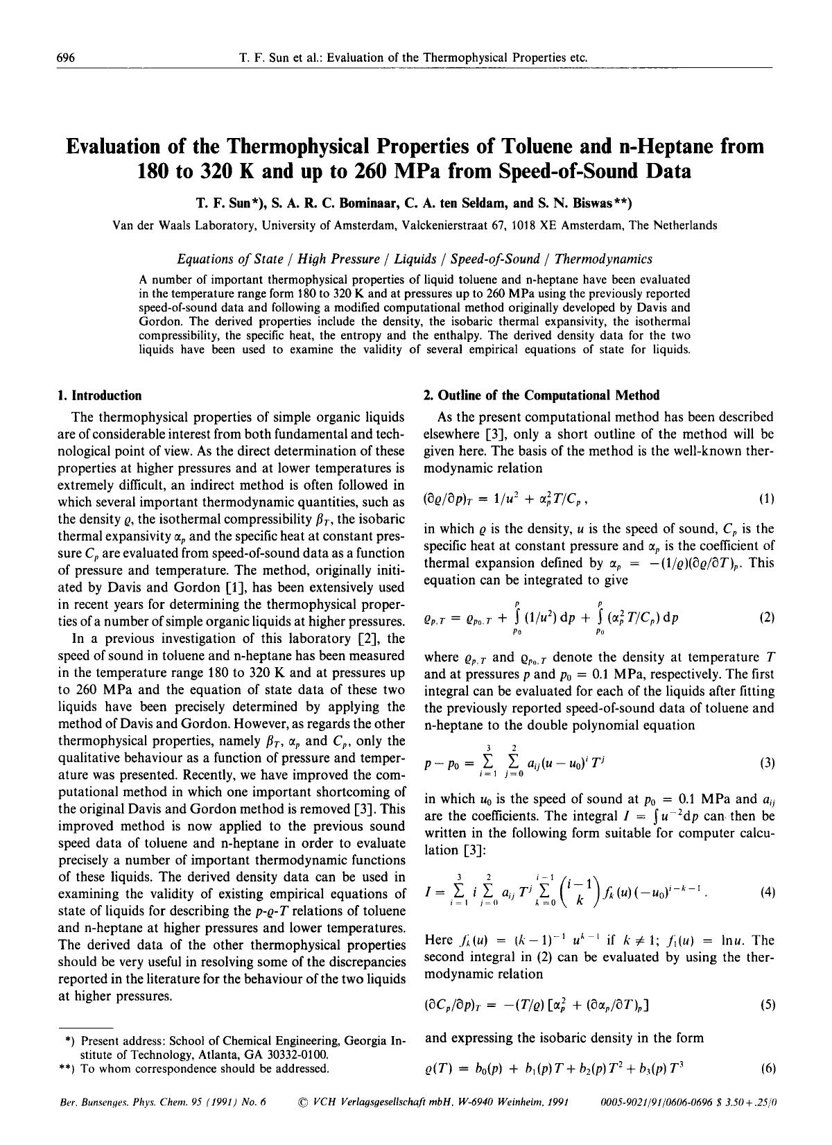 Evaluation of the Thermophysical Properties of Toluene and n-Heptane from 180 to 320 K and up to 260 MPa from Speed-of-Sound Data by Unknown
