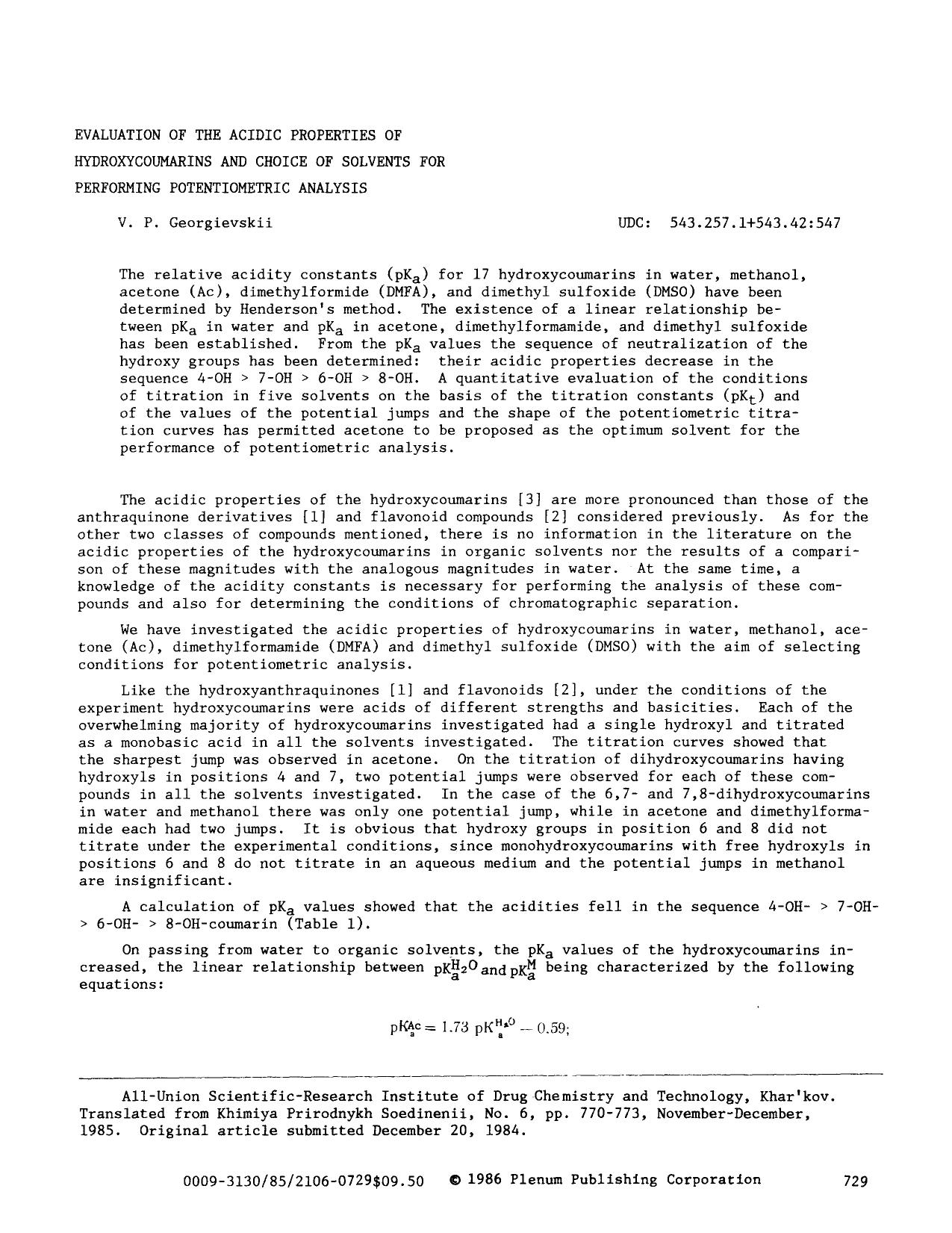 Evaluation of the acidic properties of hydroxycoumarins and choice of solvents for performing potentiometric analysis by Unknown