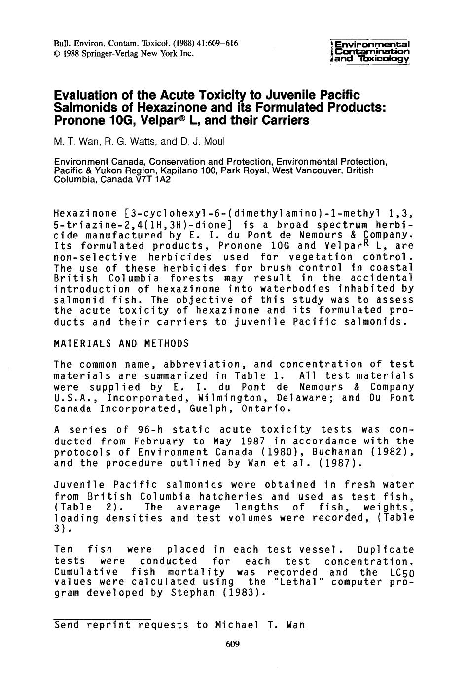Evaluation of the acute toxicity to juvenile Pacific salmonids of hexazinone and its formulated products: Pronone 10G, velpar <Superscript>® <Superscript> L, and their carriers by Unknown