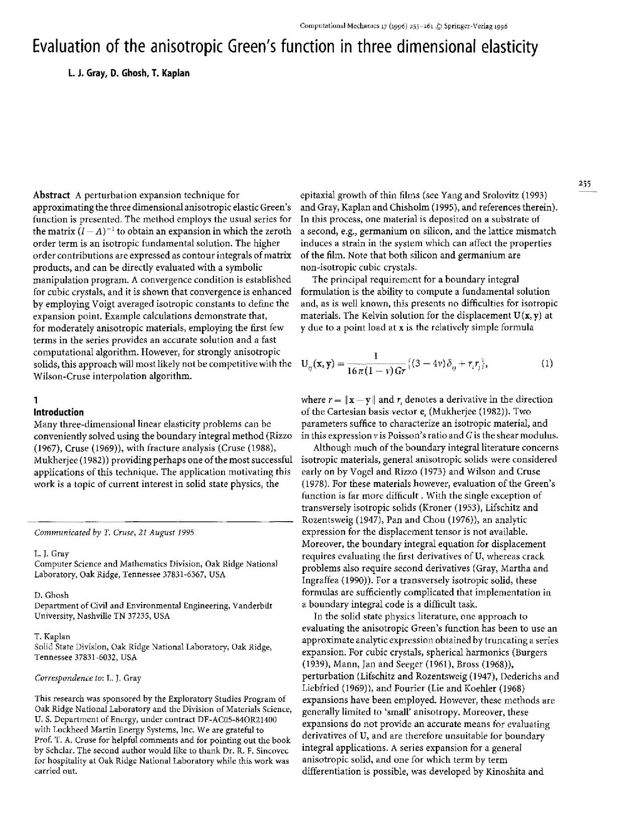 Evaluation of the anisotropic Green's function in three dimensional elasticity by Unknown