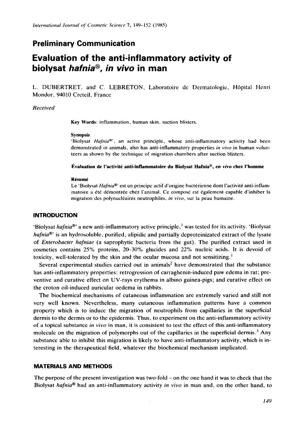 Evaluation of the anti-inflammatory activity of biolysat hafniaÂ®, in vivo in man by Unknown