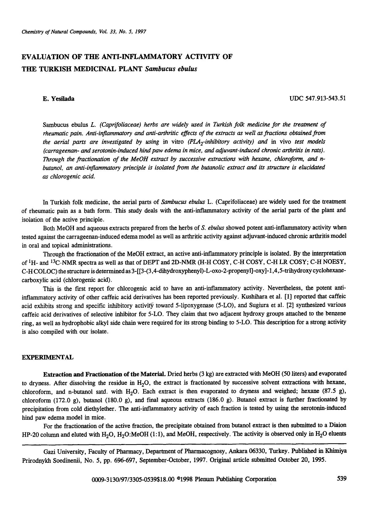 Evaluation of the anti-inflammatory activity of the Turkish medicinal plant <Emphasis Type="Italic">Sambucus ebulus <Emphasis> by Unknown