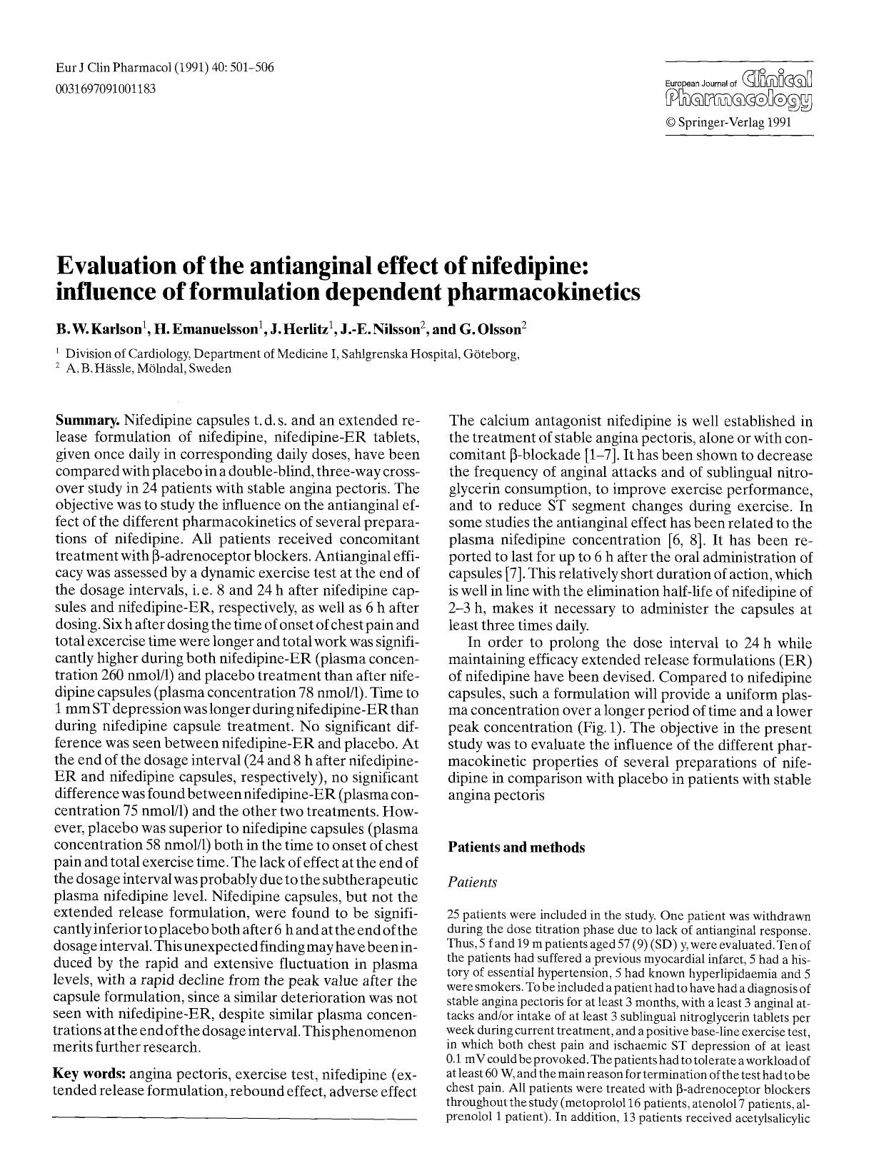 Evaluation of the antianginal effect of nifedipine: influence of formulation dependent pharmacokinetics by Unknown