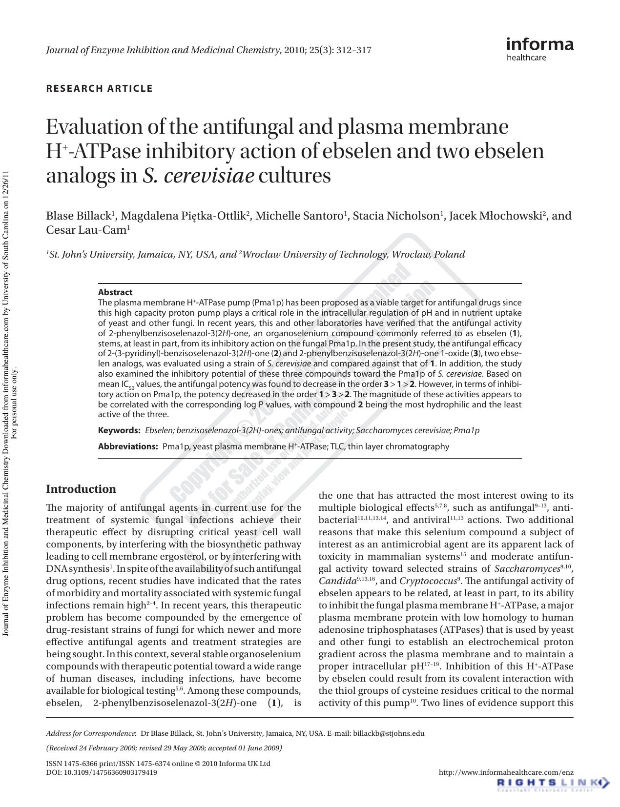 Evaluation of the antifungal and plasma membrane H+-ATPase inhibitory action of ebselen and two ebselen analogs in S. cerevisiae cultures by unknow