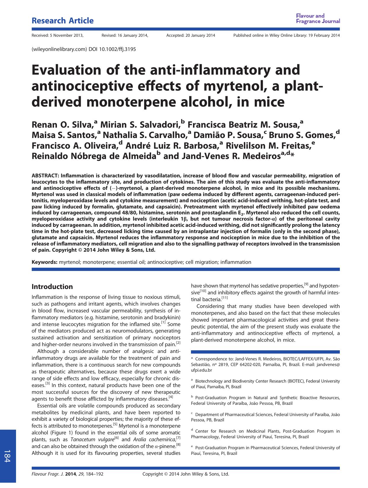 Evaluation of the antiinflammatory and antinociceptive effects of myrtenol, a plantderived monoterpene alcohol, in mice by Unknown