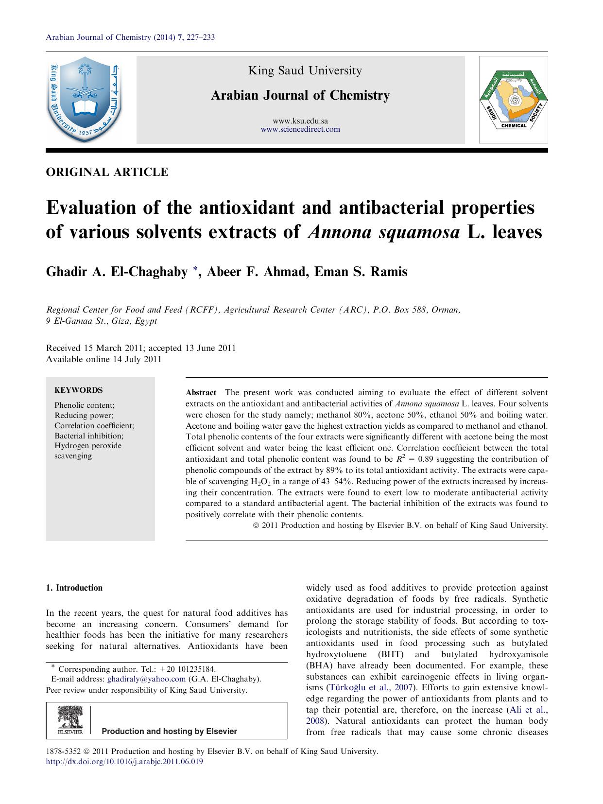 Evaluation of the antioxidant and antibacterial properties of various solvents extracts of Annona squamosa L. leaves by Ghadir A. El-Chaghaby & Abeer F. Ahmad & Eman S. Ramis