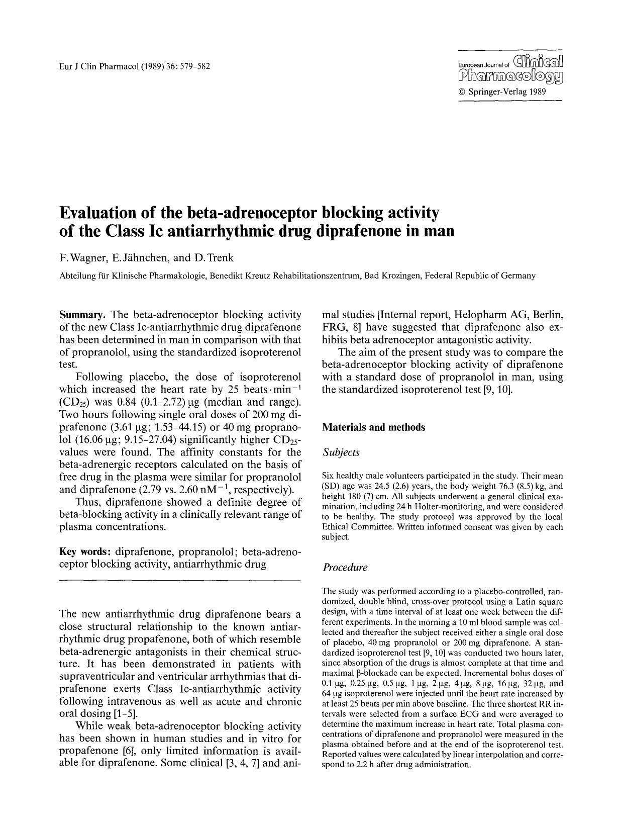 Evaluation of the beta-adrenoceptor blocking activity of the Class Ic antiarrhythmic drug diprafenone in man by Unknown
