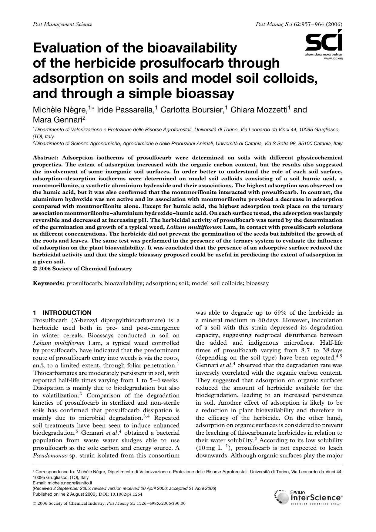 Evaluation of the bioavailability of the herbicide prosulfocarb through adsorption on soils and model soil colloids, and through a simple bioassay by Unknown