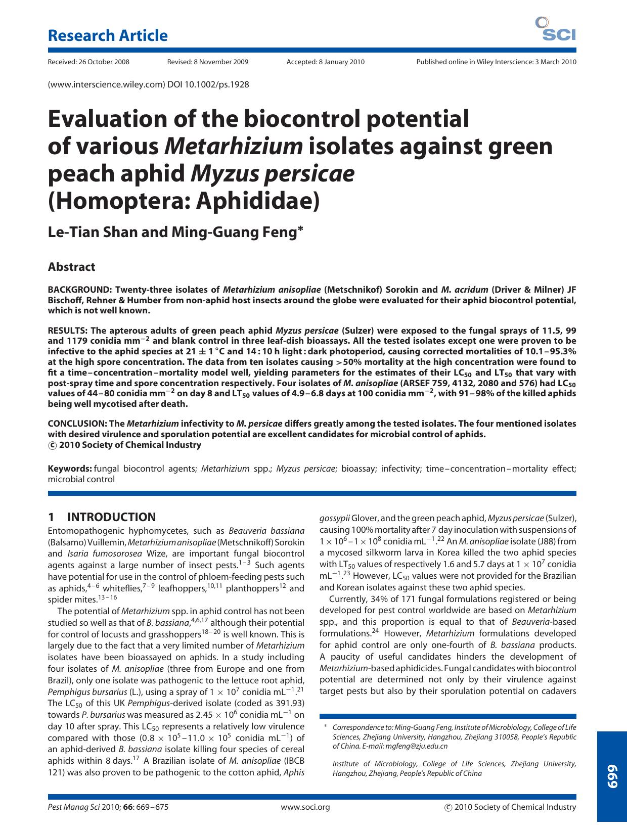 Evaluation of the biocontrol potential of various Metarhizium isolates against green peach aphid Myzus persicae (Homoptera: Aphididae) by Unknown