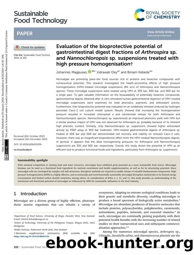 Evaluation of the bioprotective potential of gastrointestinal digest fractions of Arthrospira sp. and Nannochloropsis sp. suspensions treated with high pressure homogenisation by Johannes Magpusao & Indrawati Oey & Biniam Kebede