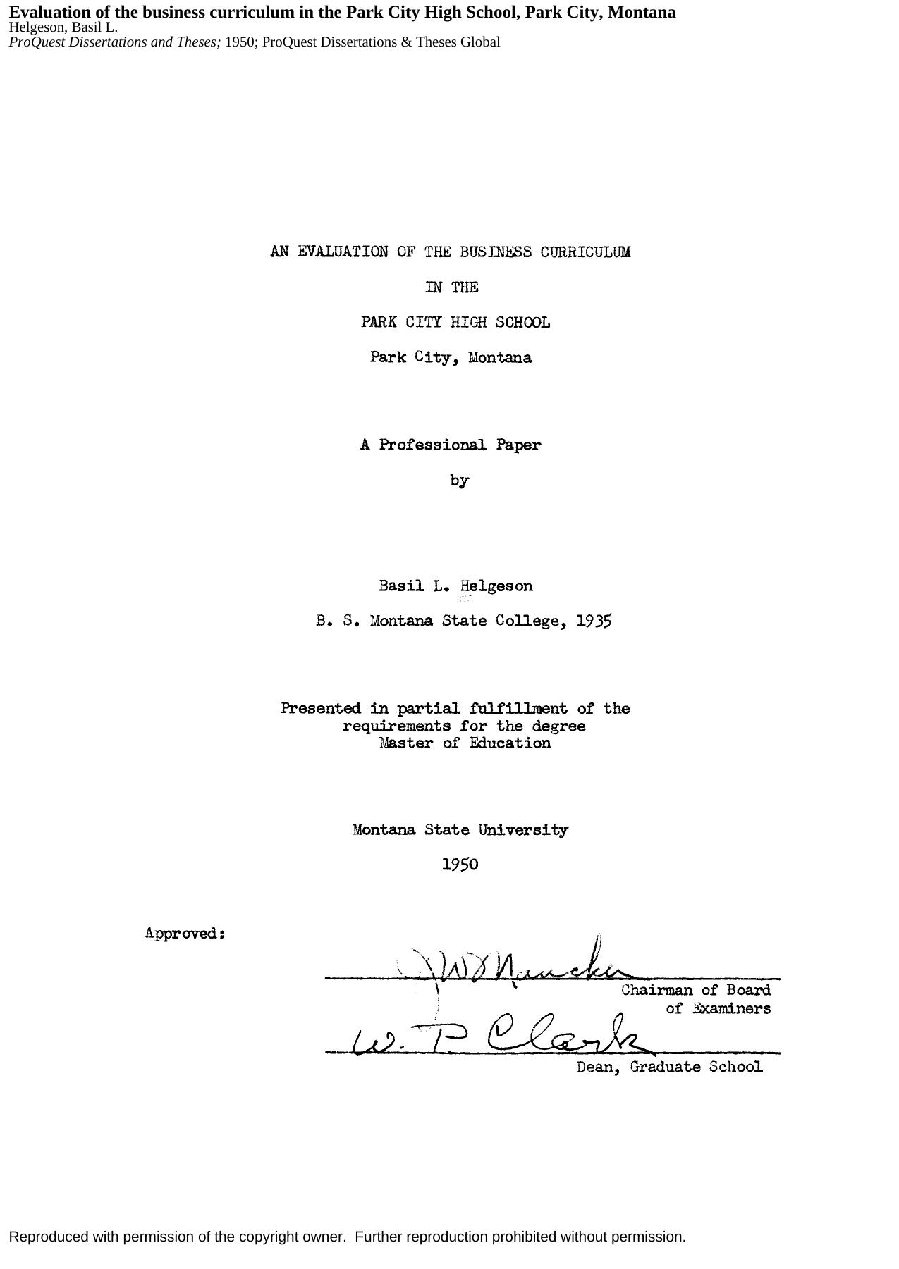 Evaluation of the business curriculum in the Park City High School, Park City, Montana by Helgeson Basil L