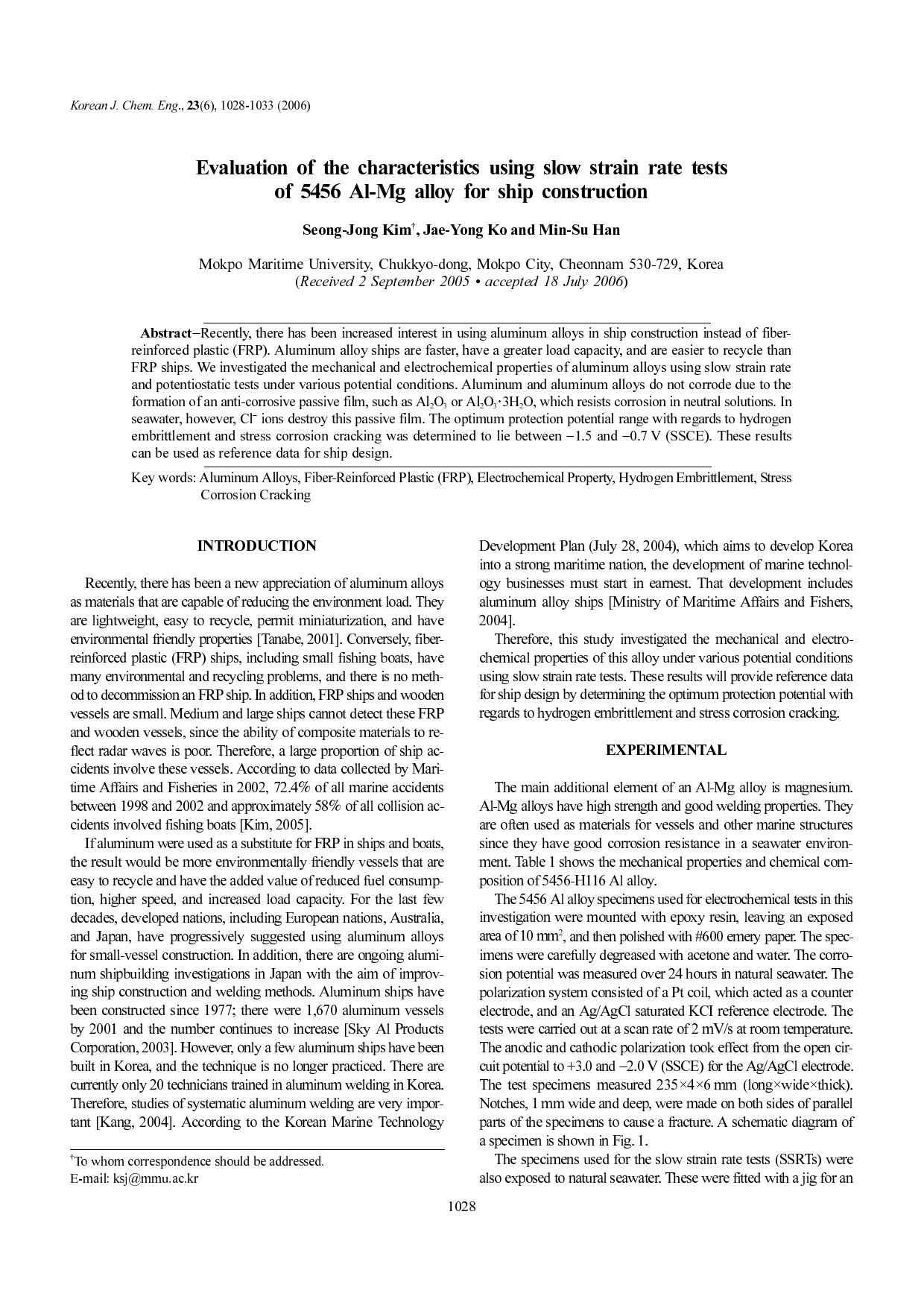 Evaluation of the characteristics using slow strain rate tests of 5456 Al-Mg alloy for ship construction by Unknown