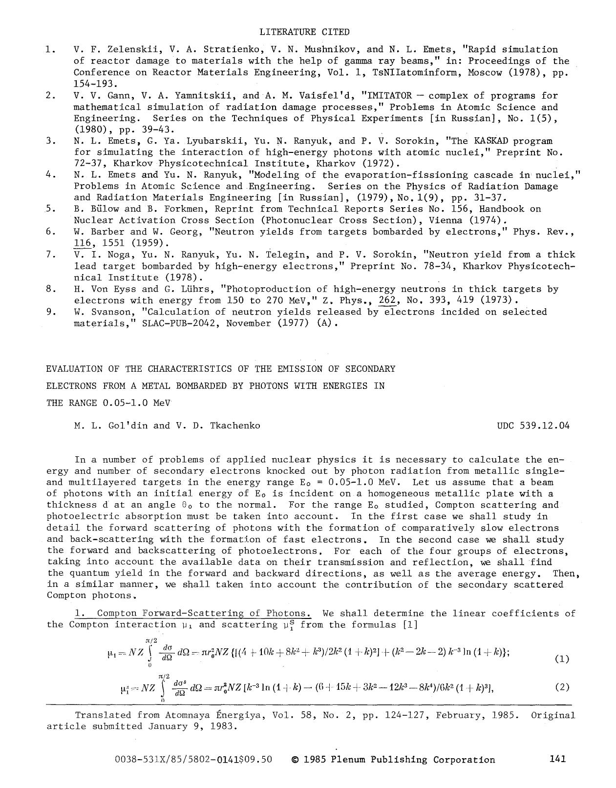 Evaluation of the characteritics of the emission of secondary electrons from a metal bombarded by photons with energies in the range 0.05&#x2013;1.0 MeV by Unknown