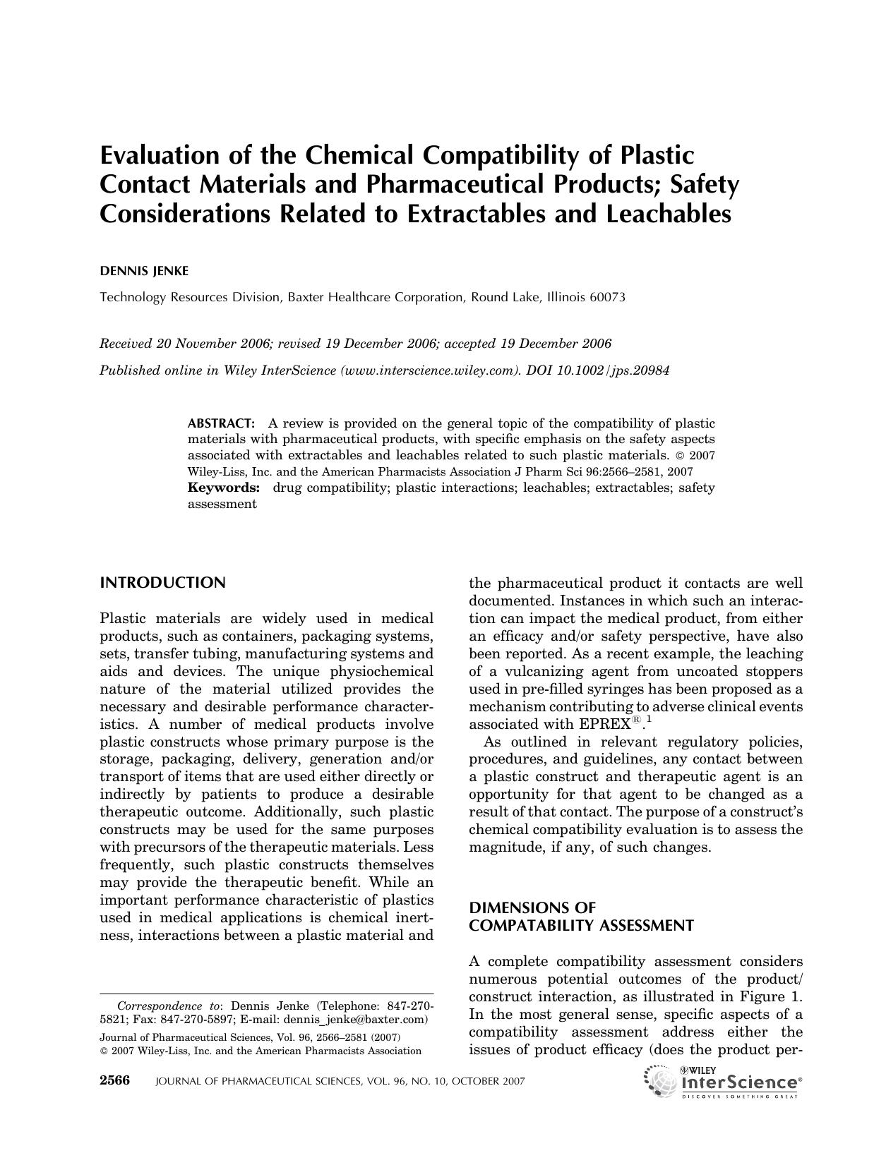 Evaluation of the chemical compatibility of plastic contact materials and pharmaceutical products; safety considerations related to extractables and leachables by Unknown