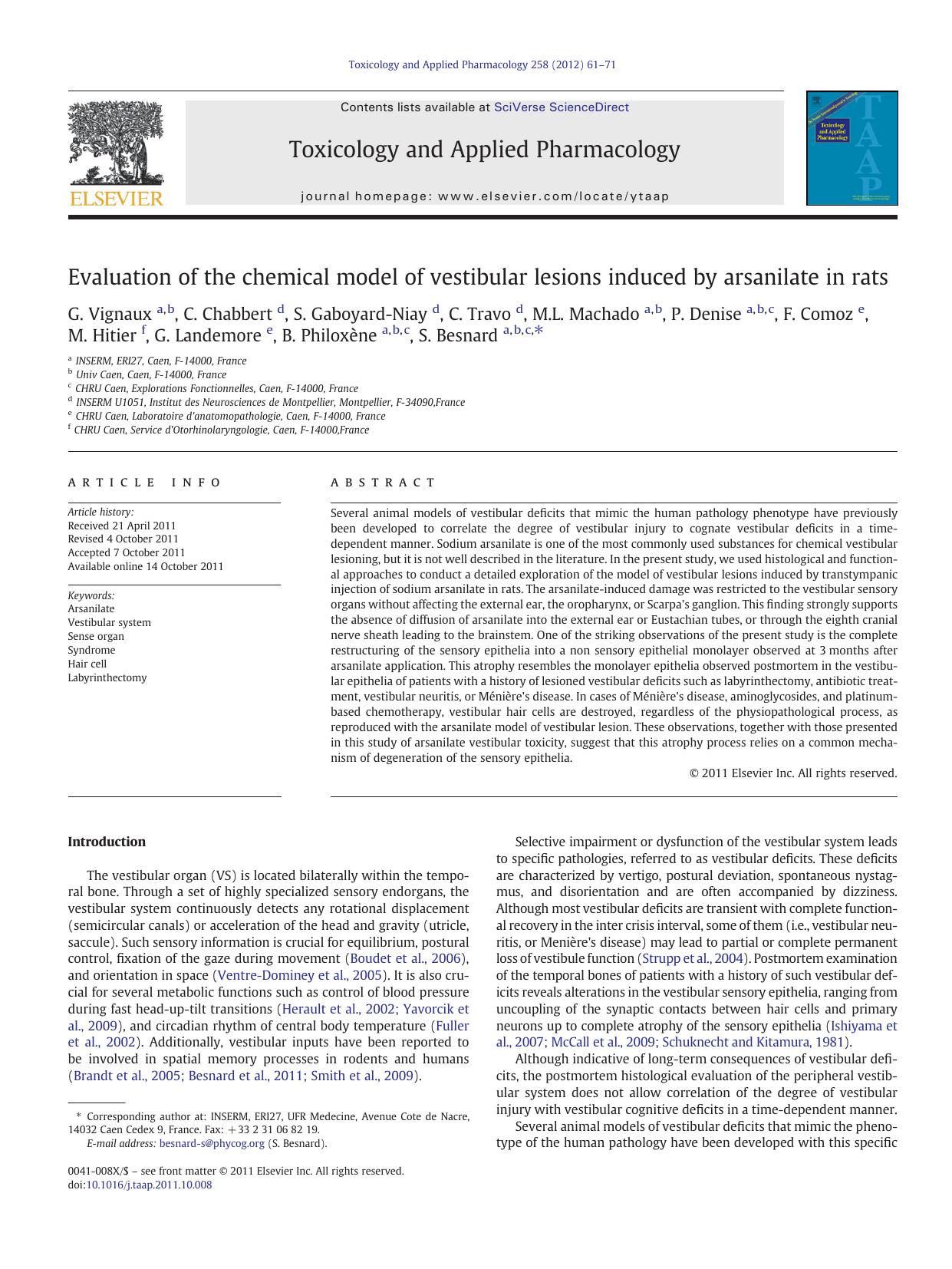 Evaluation of the chemical model of vestibular lesions induced by arsanilate in rats by unknow