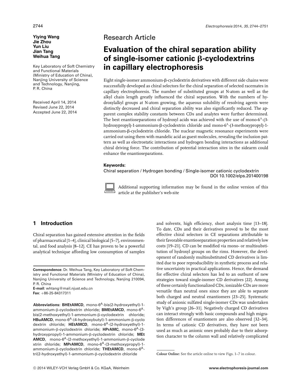 Evaluation of the chiral separation ability of single‐isomer cationic β‐cyclodextrins in capillary electrophoresis by Unknown