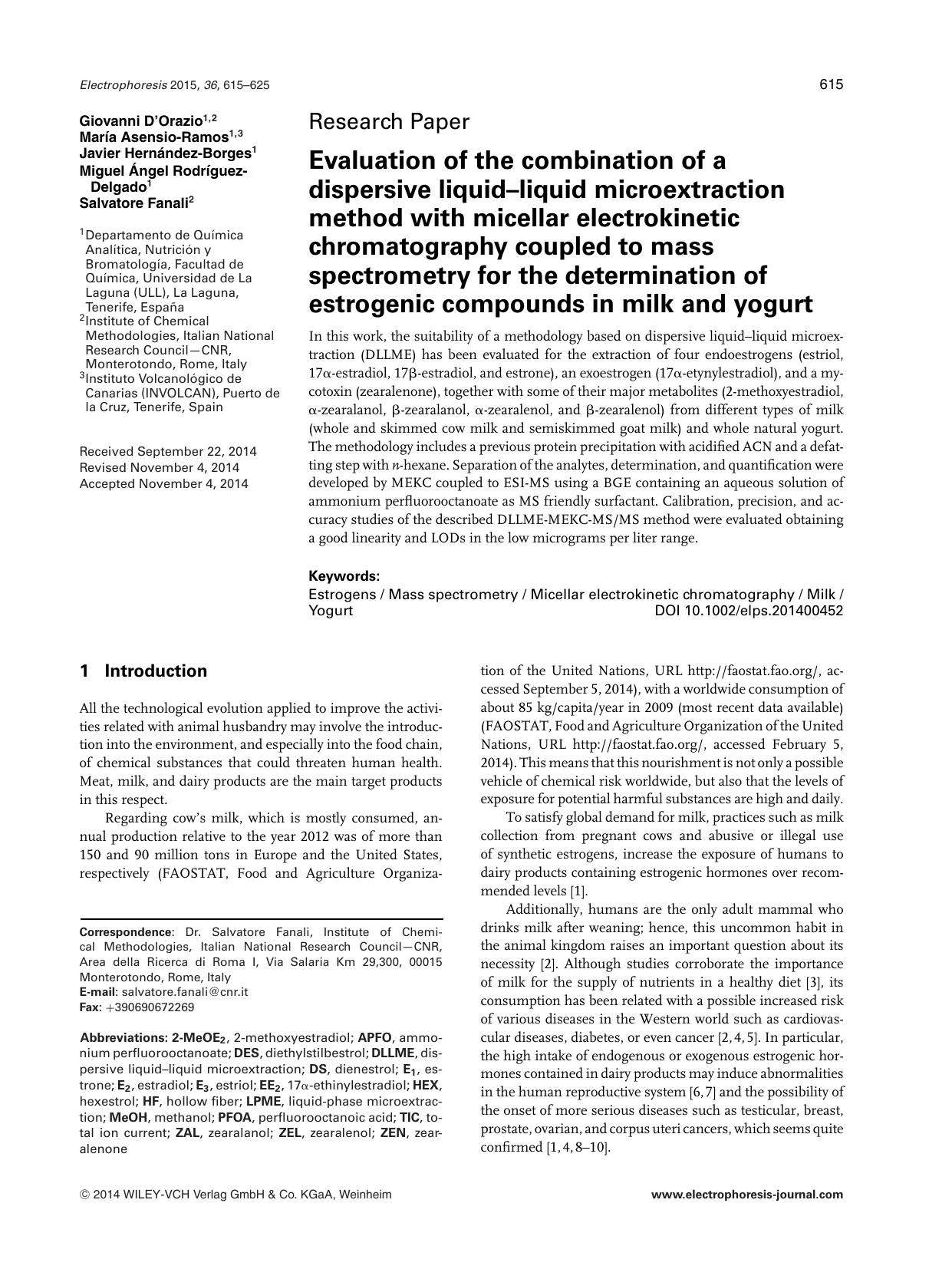 Evaluation of the combination of a dispersive liquid–liquid microextraction method with micellar electrokinetic chromatography coupled to mass spectrometry for the determin by Unknown